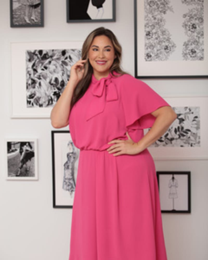 Front of a model wearing a size 14W Kiera Flutter Sleeve Dress in FUSCHIA by London Times. | dia_product_style_image_id:254846